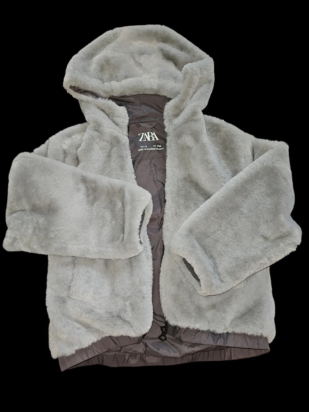 Girls Zara Light Gray Faux Fur Hooded Puffer Coat